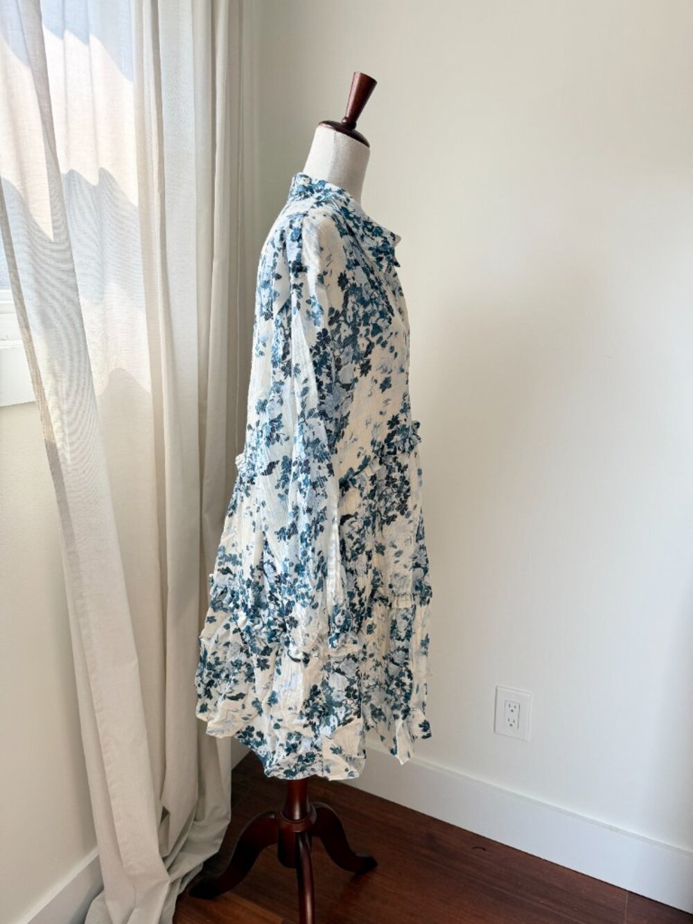 Anthropologie Maeve Bettina Ruffle Mini Dress XL Blue Floral Button Front - Picture 4 of 8
